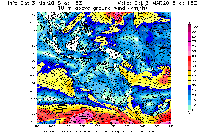 Mappa di analisi GFS - Velocità del vento a 10 metri dal suolo [km/h] in Oceania
							del 31/03/2018 18 <!--googleoff: index-->UTC<!--googleon: index-->