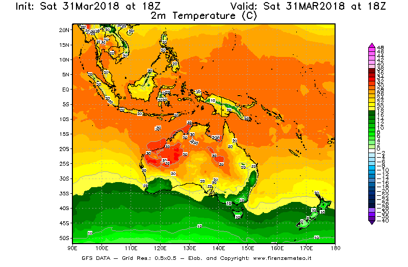 Mappa di analisi GFS - Temperatura a 2 metri dal suolo [°C] in Oceania
									del 31/03/2018 18 <!--googleoff: index-->UTC<!--googleon: index-->