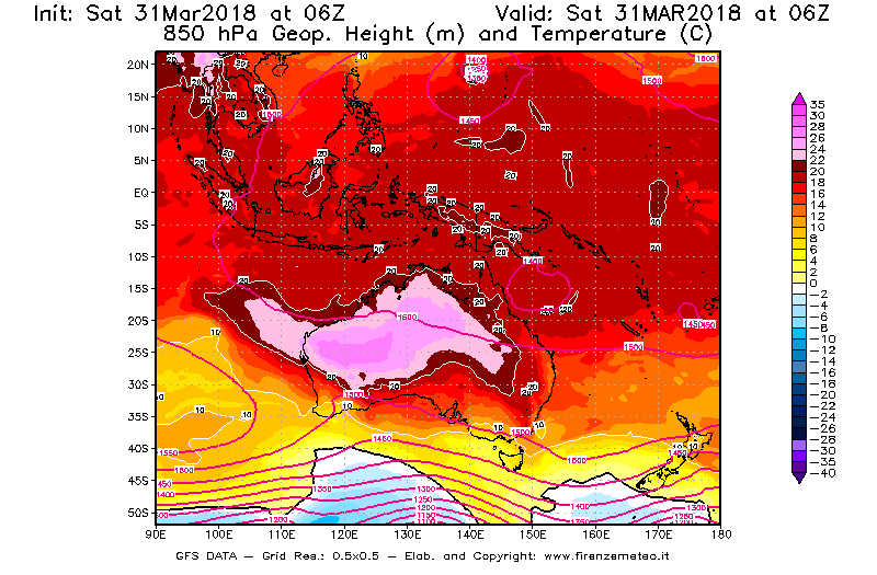 Mappa di analisi GFS - Geopotenziale [m] e Temperatura [°C] a 850 hPa in Oceania
							del 31/03/2018 06 <!--googleoff: index-->UTC<!--googleon: index-->