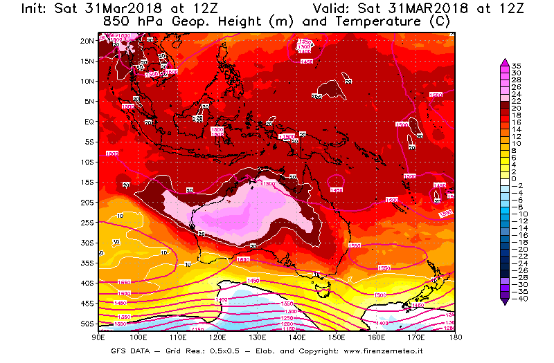 Mappa di analisi GFS - Geopotenziale [m] e Temperatura [°C] a 850 hPa in Oceania
							del 31/03/2018 12 <!--googleoff: index-->UTC<!--googleon: index-->