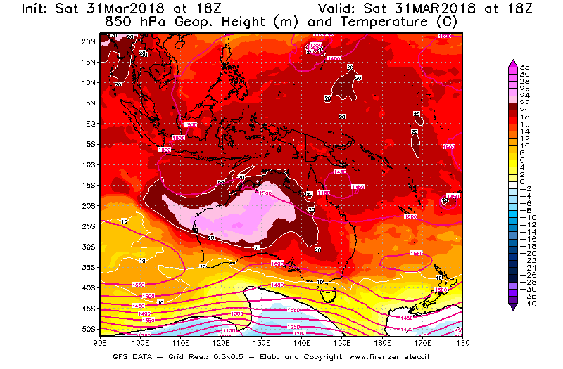 Mappa di analisi GFS - Geopotenziale [m] e Temperatura [°C] a 850 hPa in Oceania
									del 31/03/2018 18 <!--googleoff: index-->UTC<!--googleon: index-->