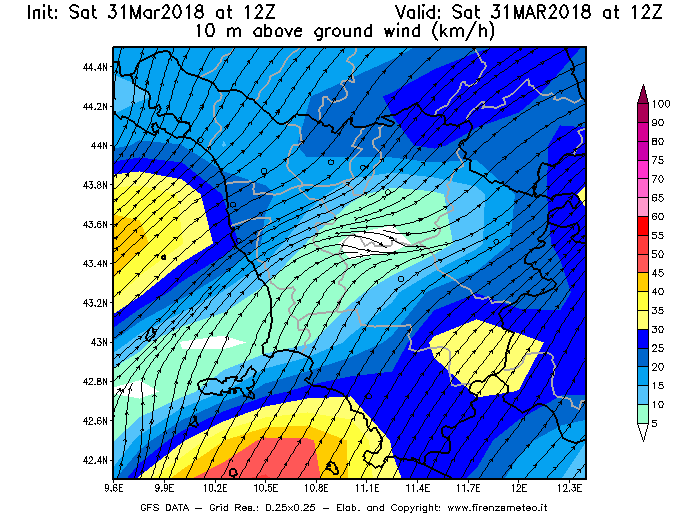 Mappa di analisi GFS - Velocità del vento a 10 metri dal suolo [km/h] in Toscana
							del 31/03/2018 12 <!--googleoff: index-->UTC<!--googleon: index-->