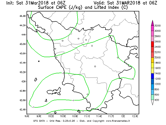 Mappa di analisi GFS - CAPE [J/kg] e Lifted Index [°C] in Toscana
									del 31/03/2018 06 <!--googleoff: index-->UTC<!--googleon: index-->