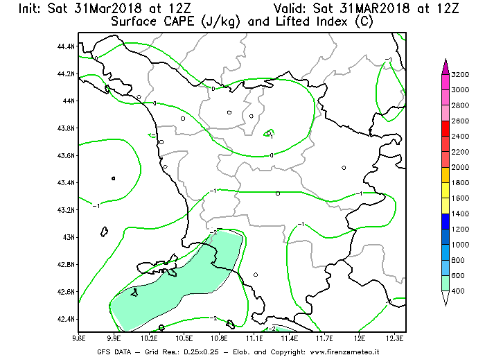 Mappa di analisi GFS - CAPE [J/kg] e Lifted Index [°C] in Toscana
							del 31/03/2018 12 <!--googleoff: index-->UTC<!--googleon: index-->