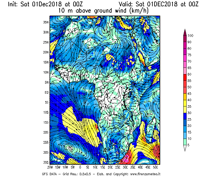 Mappa di analisi GFS - Velocità del vento a 10 metri dal suolo [km/h] in Africa
									del 01/12/2018 00 <!--googleoff: index-->UTC<!--googleon: index-->