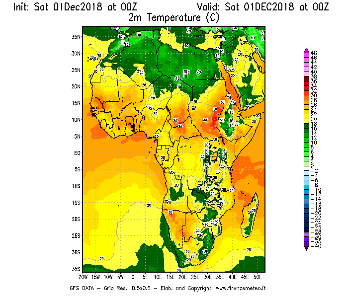Mappa di analisi GFS - Temperatura a 2 metri dal suolo [°C] in Africa
							del 01/12/2018 00 <!--googleoff: index-->UTC<!--googleon: index-->