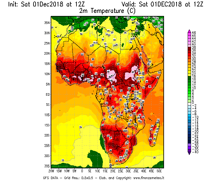 Mappa di analisi GFS - Temperatura a 2 metri dal suolo [°C] in Africa
									del 01/12/2018 12 <!--googleoff: index-->UTC<!--googleon: index-->