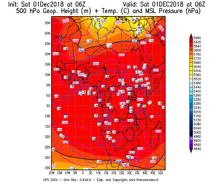 Mappa di analisi GFS - Geopotenziale [m] + Temp. [°C] a 500 hPa + Press. a livello del mare [hPa] in Africa
							del 01/12/2018 06 <!--googleoff: index-->UTC<!--googleon: index-->
