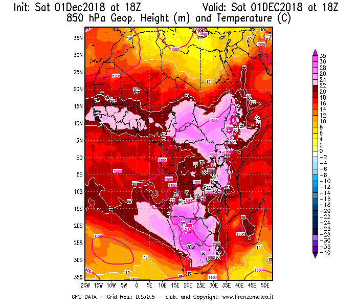 Mappa di analisi GFS - Geopotenziale [m] e Temperatura [°C] a 850 hPa in Africa
									del 01/12/2018 18 <!--googleoff: index-->UTC<!--googleon: index-->