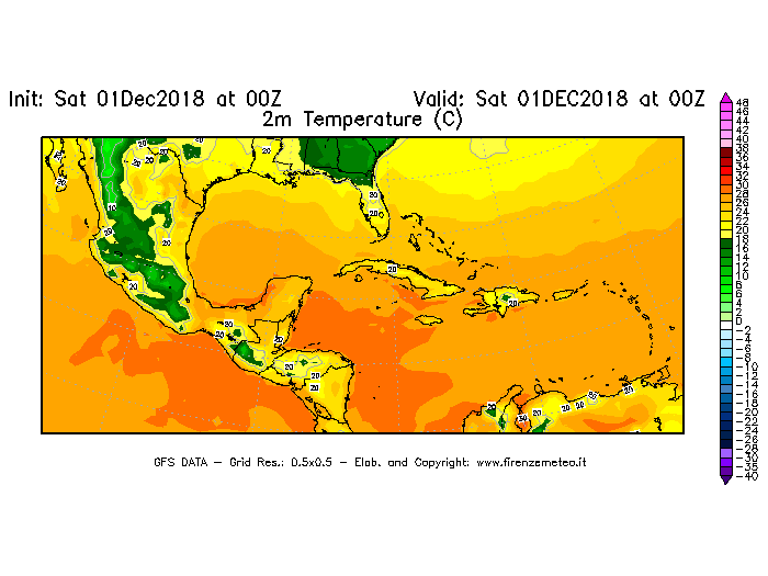 Mappa di analisi GFS - Temperatura a 2 metri dal suolo [°C] in Centro-America
									del 01/12/2018 00 <!--googleoff: index-->UTC<!--googleon: index-->