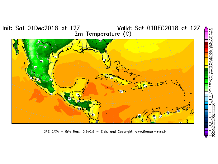 Mappa di analisi GFS - Temperatura a 2 metri dal suolo [°C] in Centro-America
							del 01/12/2018 12 <!--googleoff: index-->UTC<!--googleon: index-->