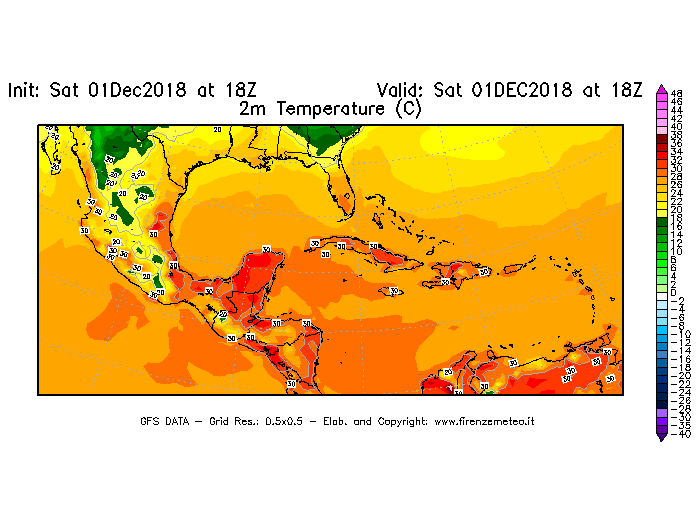 Mappa di analisi GFS - Temperatura a 2 metri dal suolo [°C] in Centro-America
							del 01/12/2018 18 <!--googleoff: index-->UTC<!--googleon: index-->