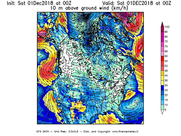 Mappa di analisi GFS - Velocità del vento a 10 metri dal suolo [km/h] in Nord-America
							del 01/12/2018 00 <!--googleoff: index-->UTC<!--googleon: index-->