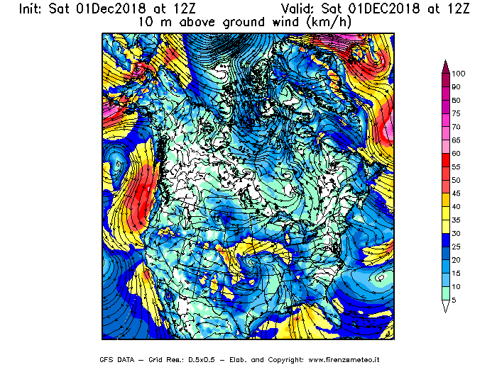 Mappa di analisi GFS - Velocità del vento a 10 metri dal suolo [km/h] in Nord-America
							del 01/12/2018 12 <!--googleoff: index-->UTC<!--googleon: index-->