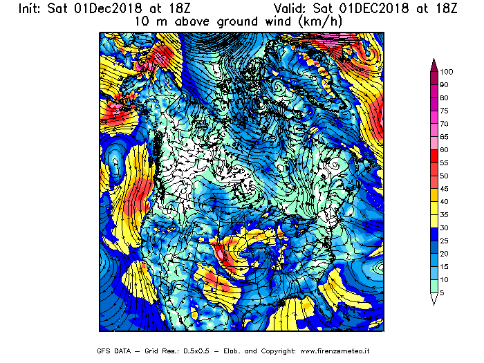 Mappa di analisi GFS - Velocità del vento a 10 metri dal suolo [km/h] in Nord-America
									del 01/12/2018 18 <!--googleoff: index-->UTC<!--googleon: index-->