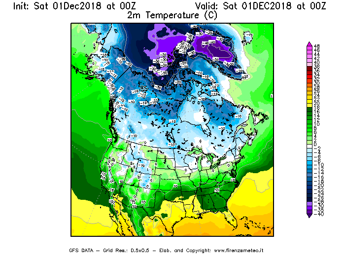 Mappa di analisi GFS - Temperatura a 2 metri dal suolo [°C] in Nord-America
									del 01/12/2018 00 <!--googleoff: index-->UTC<!--googleon: index-->