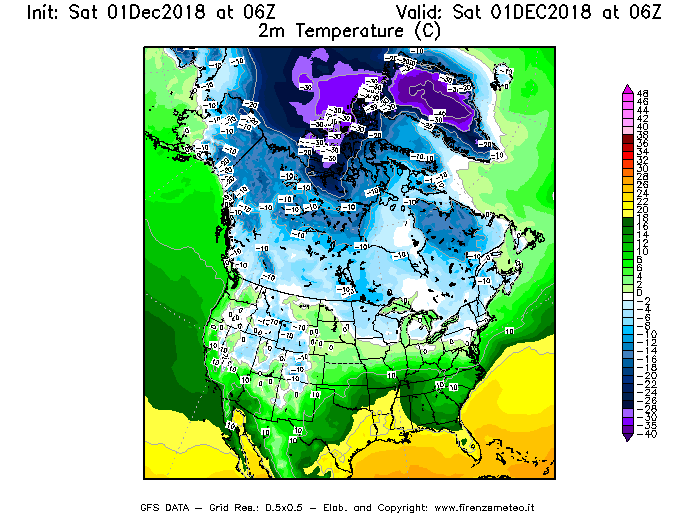 Mappa di analisi GFS - Temperatura a 2 metri dal suolo [°C] in Nord-America
							del 01/12/2018 06 <!--googleoff: index-->UTC<!--googleon: index-->