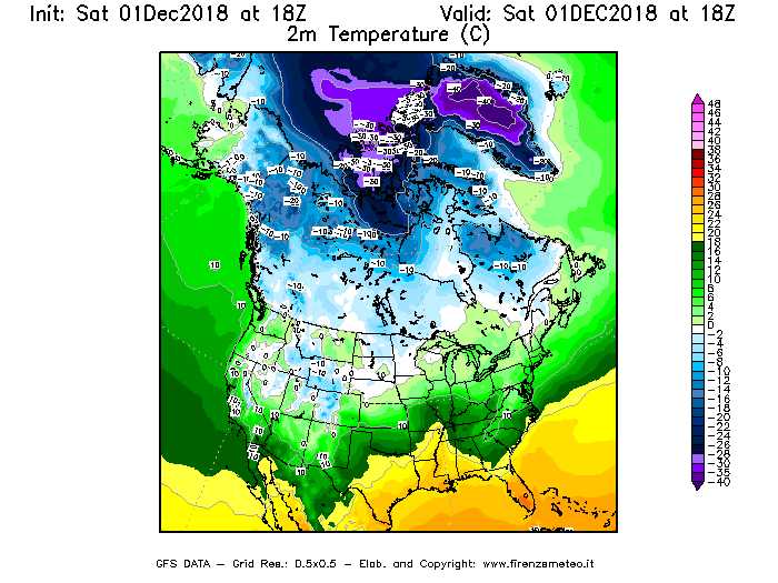 Mappa di analisi GFS - Temperatura a 2 metri dal suolo [°C] in Nord-America
									del 01/12/2018 18 <!--googleoff: index-->UTC<!--googleon: index-->
