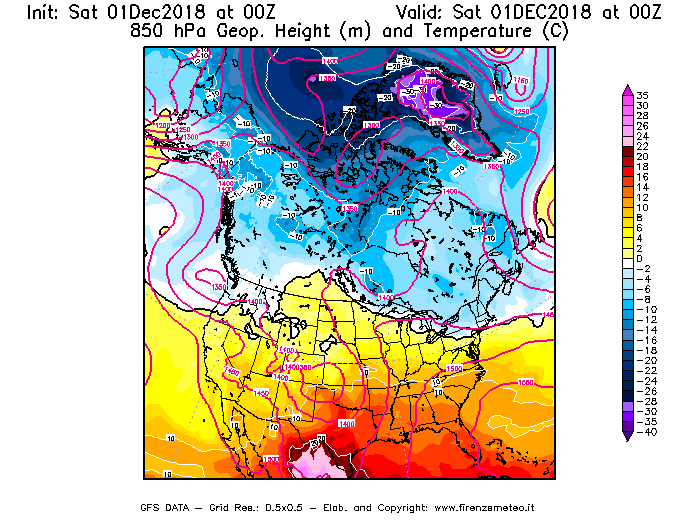 Mappa di analisi GFS - Geopotenziale [m] e Temperatura [°C] a 850 hPa in Nord-America
									del 01/12/2018 00 <!--googleoff: index-->UTC<!--googleon: index-->