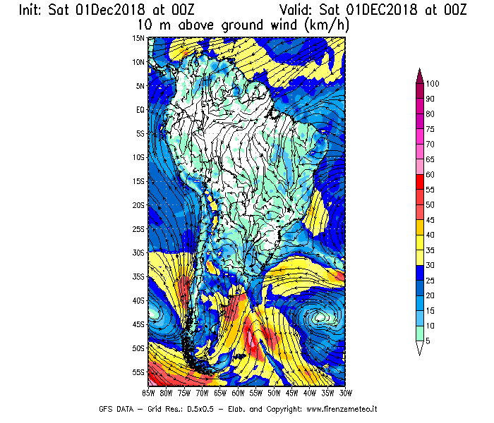 Mappa di analisi GFS - Velocità del vento a 10 metri dal suolo [km/h] in Sud-America
							del 01/12/2018 00 <!--googleoff: index-->UTC<!--googleon: index-->