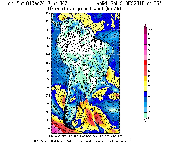 Mappa di analisi GFS - Velocità del vento a 10 metri dal suolo [km/h] in Sud-America
									del 01/12/2018 06 <!--googleoff: index-->UTC<!--googleon: index-->