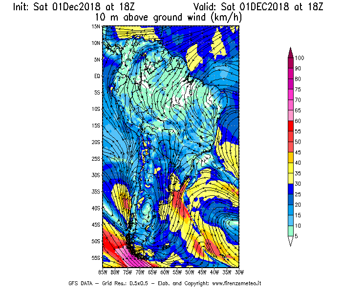 Mappa di analisi GFS - Velocità del vento a 10 metri dal suolo [km/h] in Sud-America
									del 01/12/2018 18 <!--googleoff: index-->UTC<!--googleon: index-->