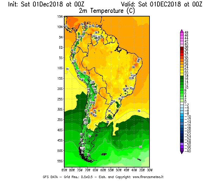 Mappa di analisi GFS - Temperatura a 2 metri dal suolo [°C] in Sud-America
									del 01/12/2018 00 <!--googleoff: index-->UTC<!--googleon: index-->