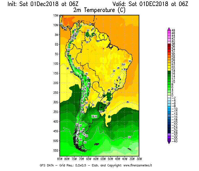Mappa di analisi GFS - Temperatura a 2 metri dal suolo [°C] in Sud-America
							del 01/12/2018 06 <!--googleoff: index-->UTC<!--googleon: index-->