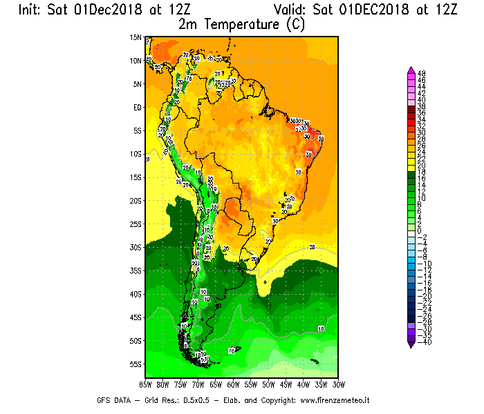 Mappa di analisi GFS - Temperatura a 2 metri dal suolo [°C] in Sud-America
							del 01/12/2018 12 <!--googleoff: index-->UTC<!--googleon: index-->