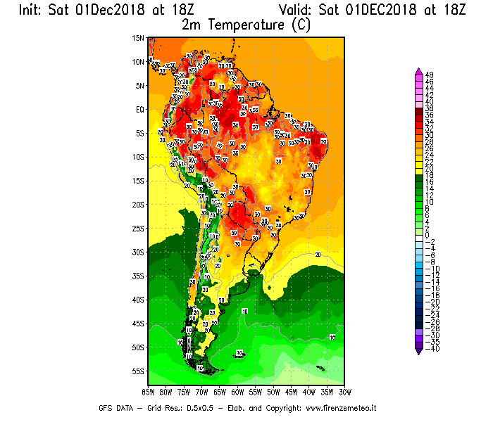 Mappa di analisi GFS - Temperatura a 2 metri dal suolo [°C] in Sud-America
							del 01/12/2018 18 <!--googleoff: index-->UTC<!--googleon: index-->