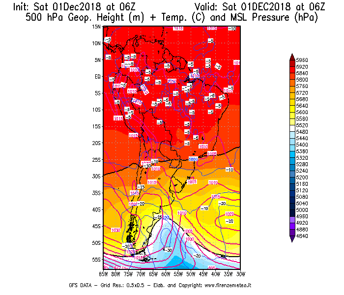 Mappa di analisi GFS - Geopotenziale [m] + Temp. [°C] a 500 hPa + Press. a livello del mare [hPa] in Sud-America
							del 01/12/2018 06 <!--googleoff: index-->UTC<!--googleon: index-->