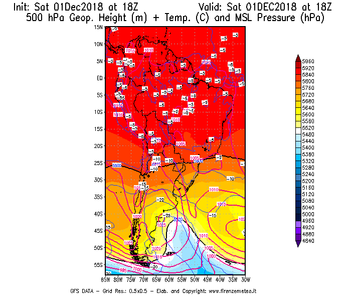 Mappa di analisi GFS - Geopotenziale [m] + Temp. [°C] a 500 hPa + Press. a livello del mare [hPa] in Sud-America
							del 01/12/2018 18 <!--googleoff: index-->UTC<!--googleon: index-->