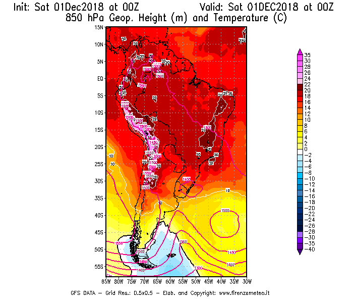 Mappa di analisi GFS - Geopotenziale [m] e Temperatura [°C] a 850 hPa in Sud-America
							del 01/12/2018 00 <!--googleoff: index-->UTC<!--googleon: index-->