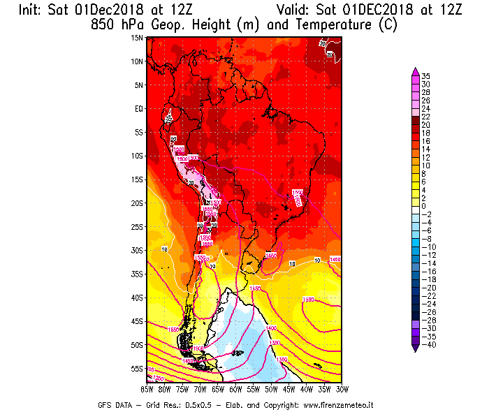 Mappa di analisi GFS - Geopotenziale [m] e Temperatura [°C] a 850 hPa in Sud-America
							del 01/12/2018 12 <!--googleoff: index-->UTC<!--googleon: index-->