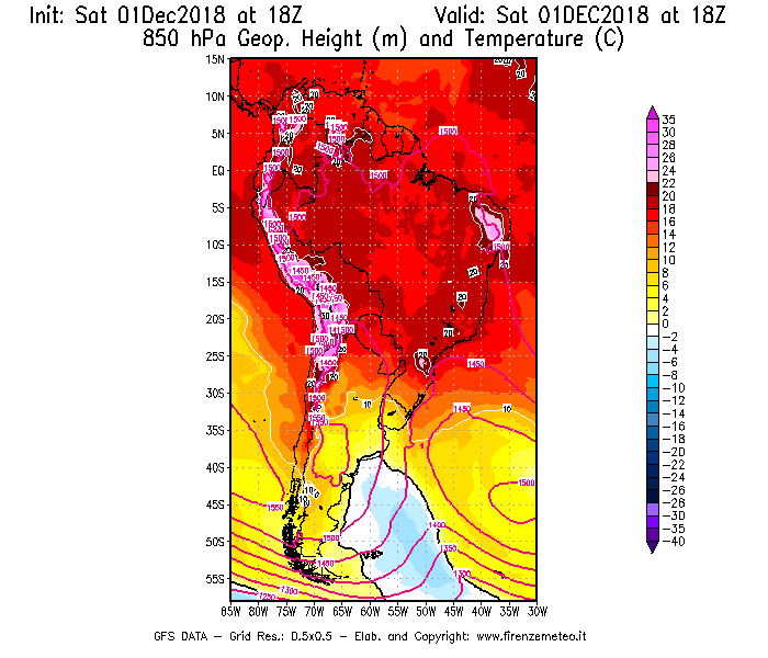 Mappa di analisi GFS - Geopotenziale [m] e Temperatura [°C] a 850 hPa in Sud-America
									del 01/12/2018 18 <!--googleoff: index-->UTC<!--googleon: index-->