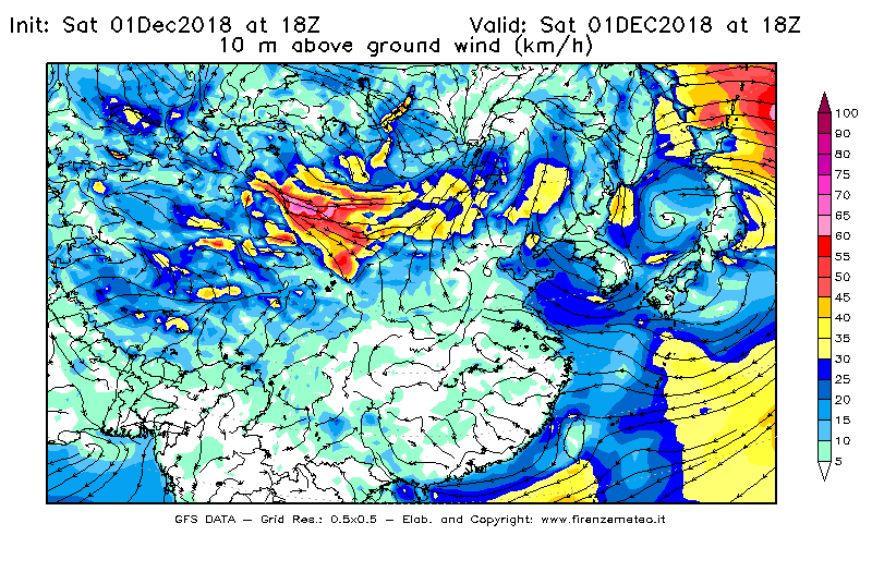 Mappa di analisi GFS - Velocità del vento a 10 metri dal suolo [km/h] in Asia Orientale
							del 01/12/2018 18 <!--googleoff: index-->UTC<!--googleon: index-->