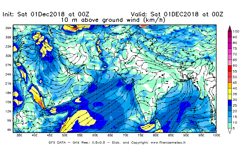 Mappa di analisi GFS - Velocità del vento a 10 metri dal suolo [km/h] in Asia Sud-Occidentale
							del 01/12/2018 00 <!--googleoff: index-->UTC<!--googleon: index-->