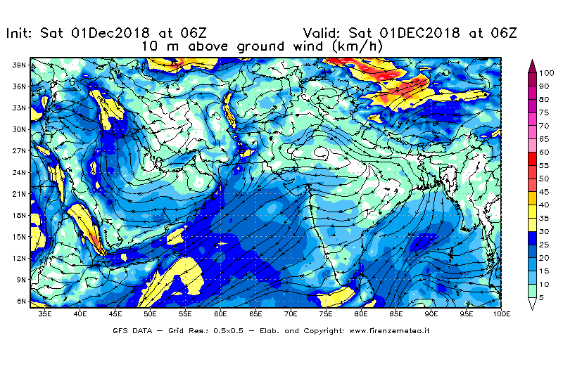 Mappa di analisi GFS - Velocità del vento a 10 metri dal suolo [km/h] in Asia Sud-Occidentale
							del 01/12/2018 06 <!--googleoff: index-->UTC<!--googleon: index-->