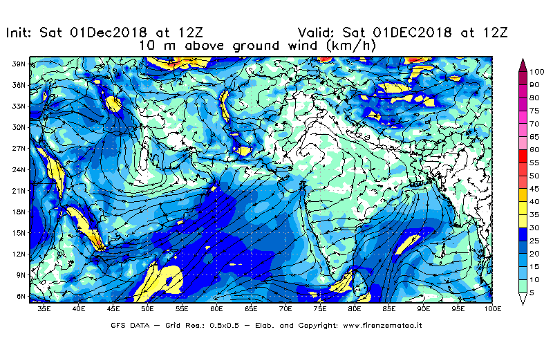 Mappa di analisi GFS - Velocità del vento a 10 metri dal suolo [km/h] in Asia Sud-Occidentale
							del 01/12/2018 12 <!--googleoff: index-->UTC<!--googleon: index-->