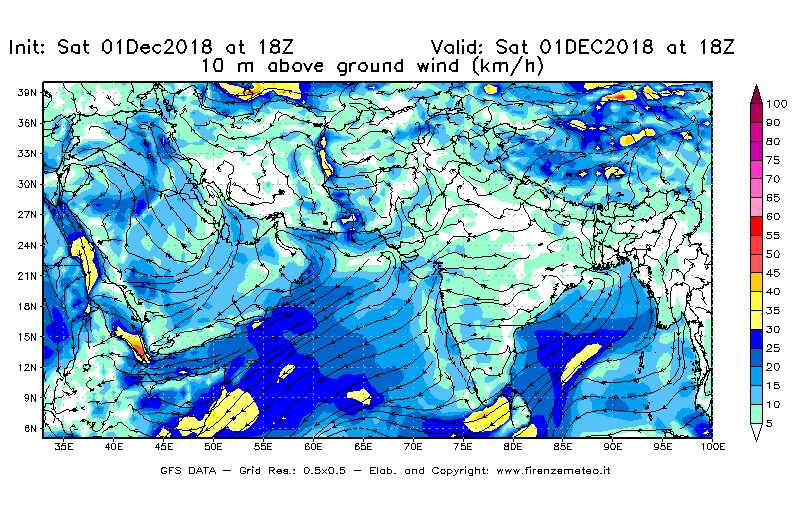 Mappa di analisi GFS - Velocità del vento a 10 metri dal suolo [km/h] in Asia Sud-Occidentale
							del 01/12/2018 18 <!--googleoff: index-->UTC<!--googleon: index-->