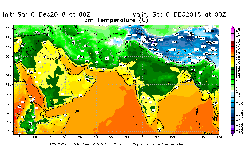 Mappa di analisi GFS - Temperatura a 2 metri dal suolo [°C] in Asia Sud-Occidentale
							del 01/12/2018 00 <!--googleoff: index-->UTC<!--googleon: index-->
