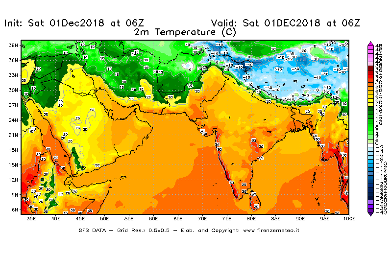 Mappa di analisi GFS - Temperatura a 2 metri dal suolo [°C] in Asia Sud-Occidentale
									del 01/12/2018 06 <!--googleoff: index-->UTC<!--googleon: index-->