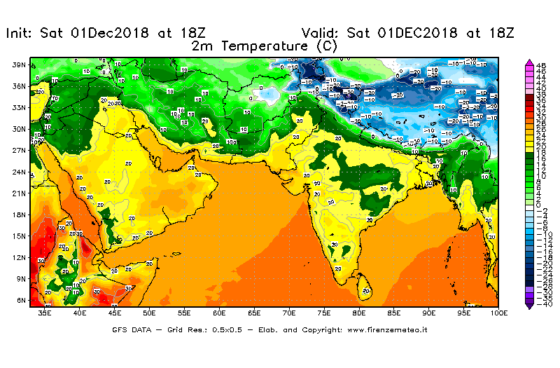 Mappa di analisi GFS - Temperatura a 2 metri dal suolo [°C] in Asia Sud-Occidentale
									del 01/12/2018 18 <!--googleoff: index-->UTC<!--googleon: index-->