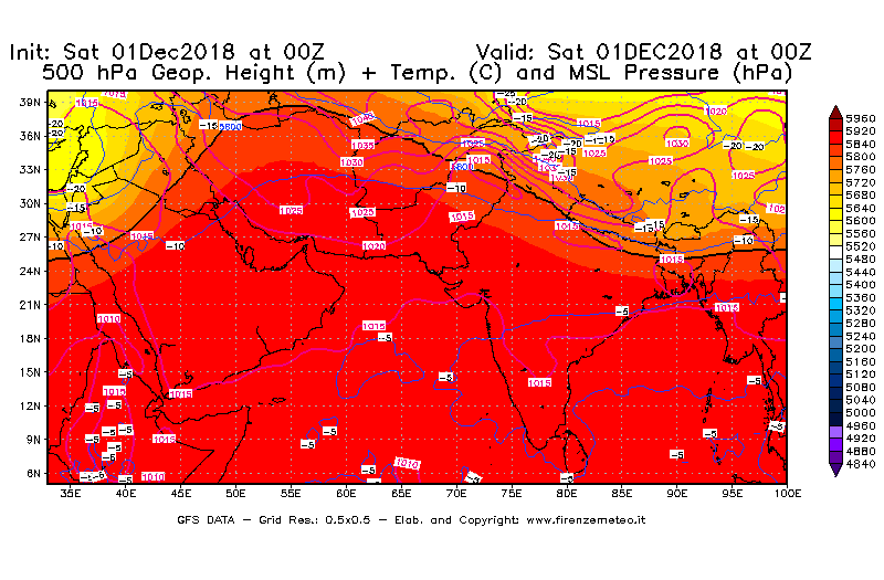 Mappa di analisi GFS - Geopotenziale [m] + Temp. [°C] a 500 hPa + Press. a livello del mare [hPa] in Asia Sud-Occidentale
							del 01/12/2018 00 <!--googleoff: index-->UTC<!--googleon: index-->