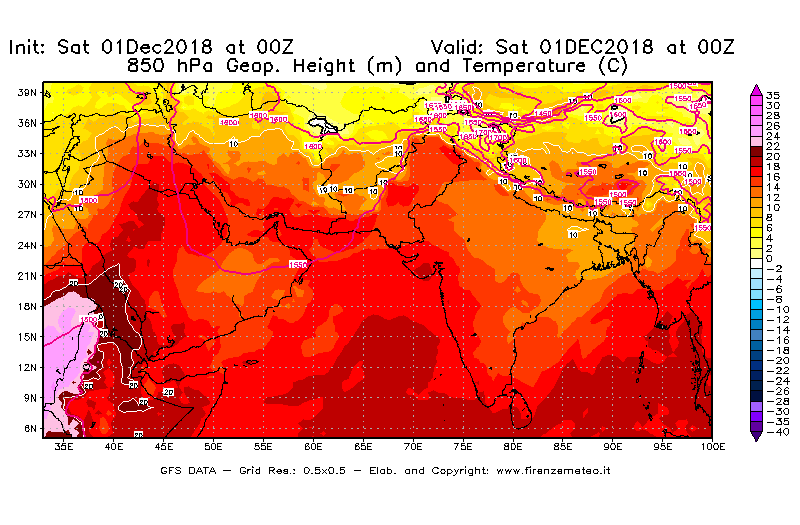 Mappa di analisi GFS - Geopotenziale [m] e Temperatura [°C] a 850 hPa in Asia Sud-Occidentale
							del 01/12/2018 00 <!--googleoff: index-->UTC<!--googleon: index-->