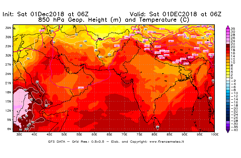 Mappa di analisi GFS - Geopotenziale [m] e Temperatura [°C] a 850 hPa in Asia Sud-Occidentale
							del 01/12/2018 06 <!--googleoff: index-->UTC<!--googleon: index-->