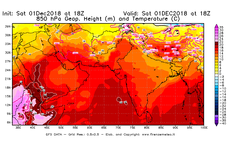 Mappa di analisi GFS - Geopotenziale [m] e Temperatura [°C] a 850 hPa in Asia Sud-Occidentale
							del 01/12/2018 18 <!--googleoff: index-->UTC<!--googleon: index-->