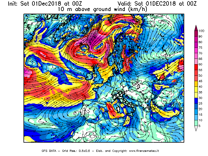 Mappa di analisi GFS - Velocità del vento a 10 metri dal suolo [km/h] in Europa
							del 01/12/2018 00 <!--googleoff: index-->UTC<!--googleon: index-->