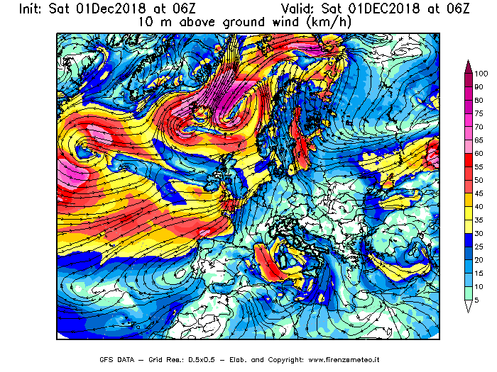 Mappa di analisi GFS - Velocità del vento a 10 metri dal suolo [km/h] in Europa
							del 01/12/2018 06 <!--googleoff: index-->UTC<!--googleon: index-->