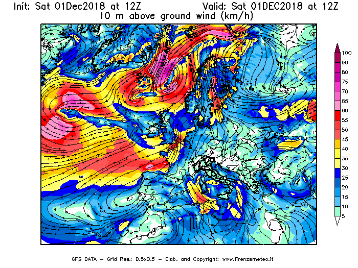 Mappa di analisi GFS - Velocità del vento a 10 metri dal suolo [km/h] in Europa
							del 01/12/2018 12 <!--googleoff: index-->UTC<!--googleon: index-->